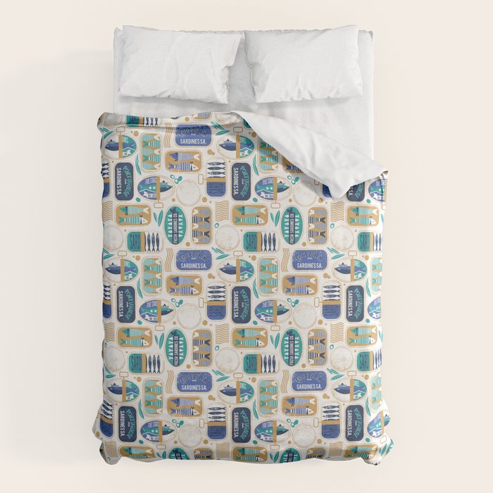 Vintage canned sardines // white background peacock teal and electric blue cans  Duvet Cover Gallery Image 1