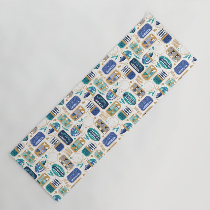 Vintage canned sardines // white background peacock teal and electric blue cans  Yoga Mat Gallery Image 1