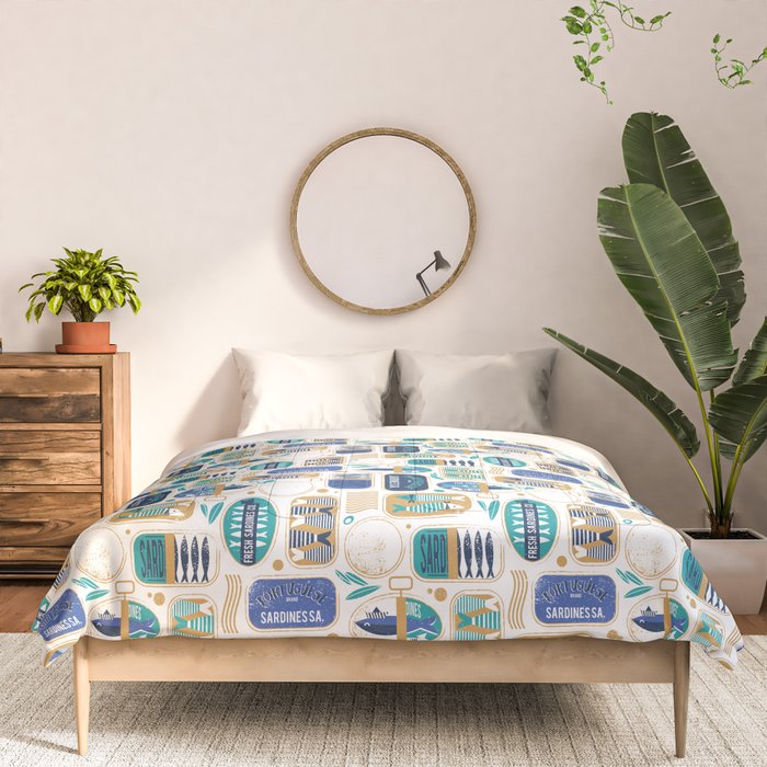 Vintage canned sardines // white background peacock teal and electric blue cans  Comforter Gallery Image 3