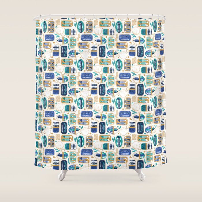 Vintage canned sardines // white background peacock teal and electric blue cans  Shower Curtain Gallery Image 1