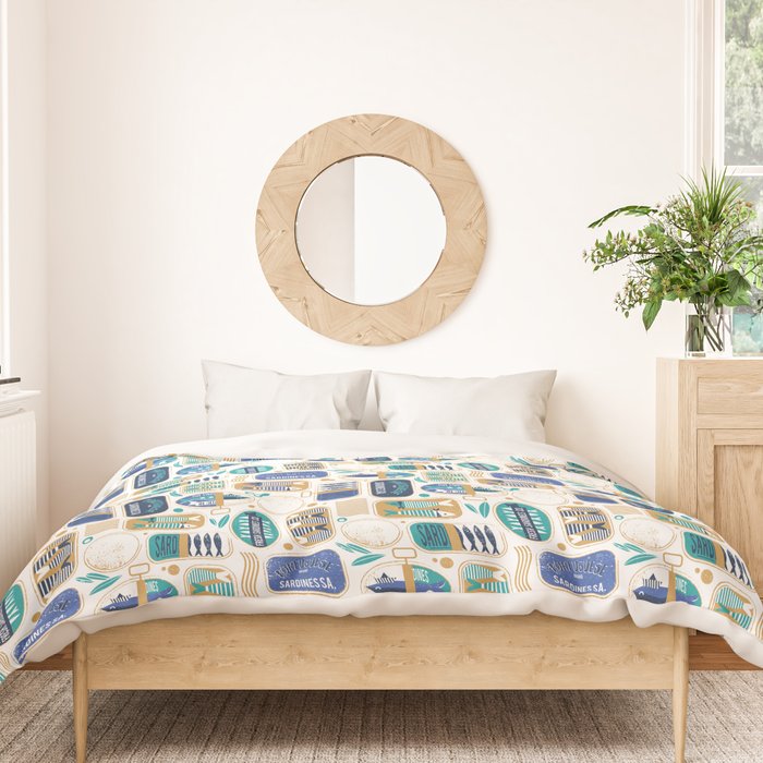 Vintage canned sardines // white background peacock teal and electric blue cans  Duvet Cover Gallery Image 3