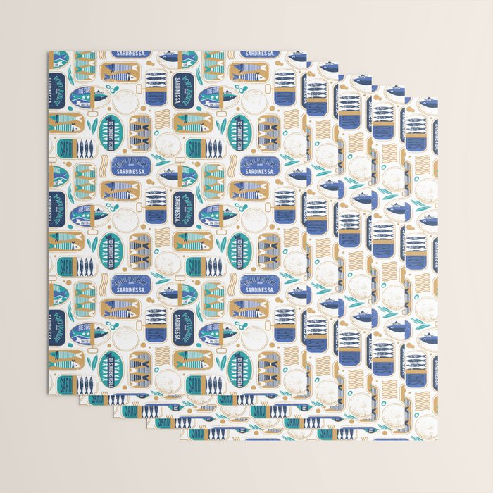 Vintage canned sardines // white background peacock teal and electric blue cans  Wrapping Paper Gallery Image 3
