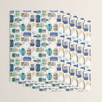 Vintage canned sardines // white background peacock teal and electric blue cans  Wrapping Paper Gallery Image 3