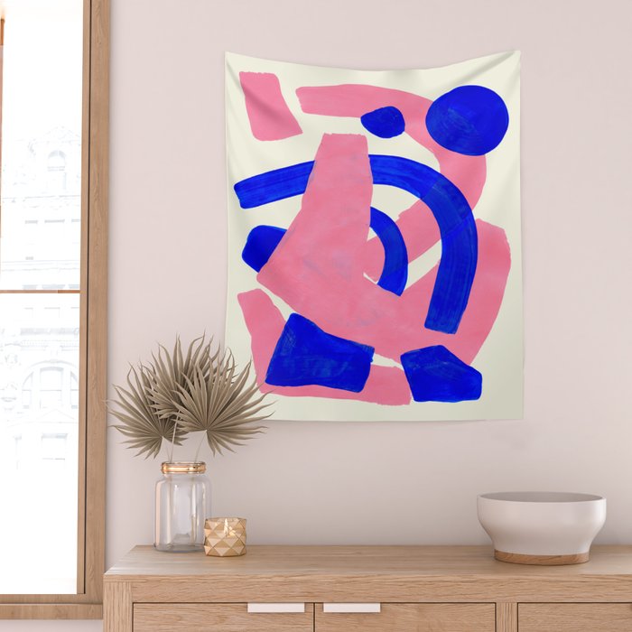 Blue Pink Fun Colorful Mid Century Modern Abstract Painting Shapes Pattern Wall Tapestry Gallery Image 2