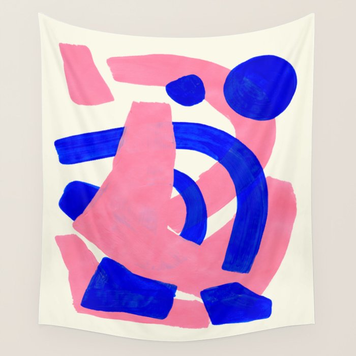 Blue Pink Fun Colorful Mid Century Modern Abstract Painting Shapes Pattern Wall Tapestry Gallery Image 1