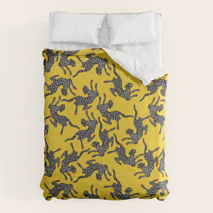 Bold Leopard Art Print on Pink with Floral Accents - Modern Animal Wall Art Duvet Cover Gallery Image 6