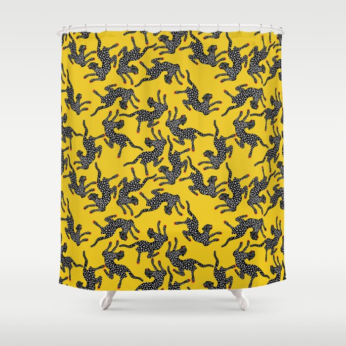 Bold Leopard Art Print on Pink with Floral Accents - Modern Animal Wall Art Shower Curtain Gallery Image 1