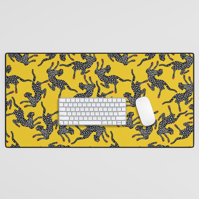 Bold Leopard Art Print on Pink with Floral Accents - Modern Animal Wall Art Desk Mat Gallery Image 1