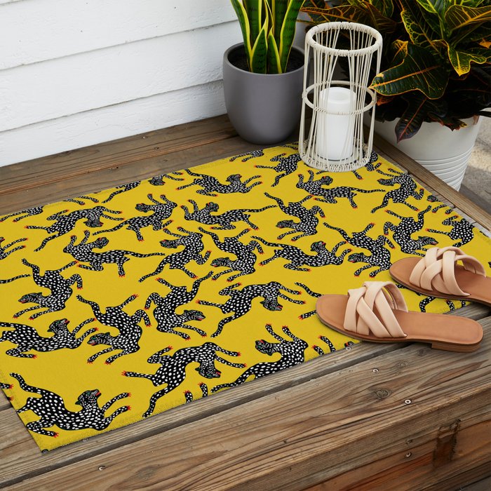 Bold Leopard Art Print on Pink with Floral Accents - Modern Animal Wall Art Outdoor Rug Gallery Image 2