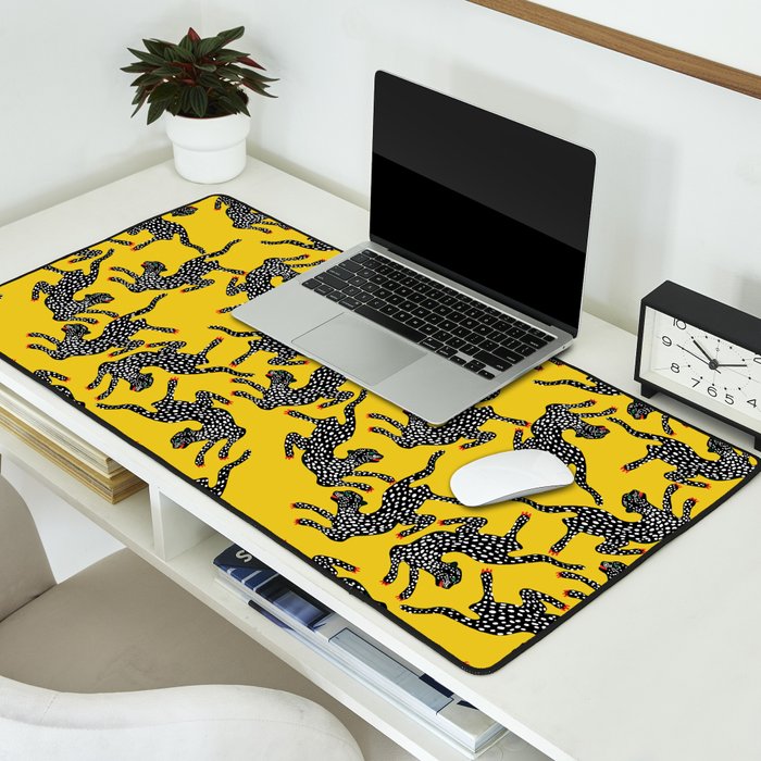 Bold Leopard Art Print on Pink with Floral Accents - Modern Animal Wall Art Desk Mat Gallery Image 2