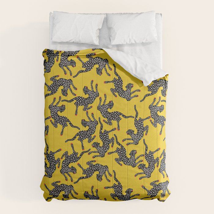 Bold Leopard Art Print on Pink with Floral Accents - Modern Animal Wall Art Comforter Gallery Image 6