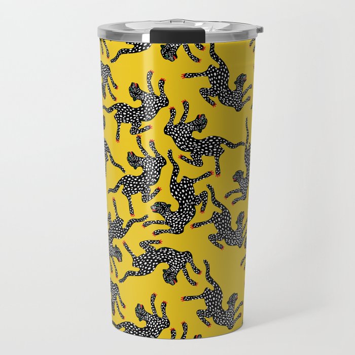 Bold Leopard Art Print on Pink with Floral Accents - Modern Animal Wall Art Travel Mug Gallery Image 1