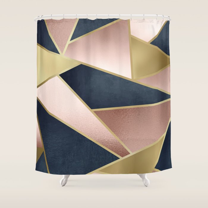 Geometric Art, Rose Gold, Pink and Navy Blue Modern  Shower Curtain Gallery Image 1