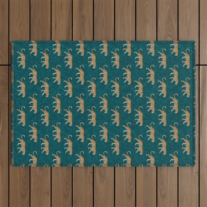 leopards walking - teal Outdoor Rug Gallery Image 1