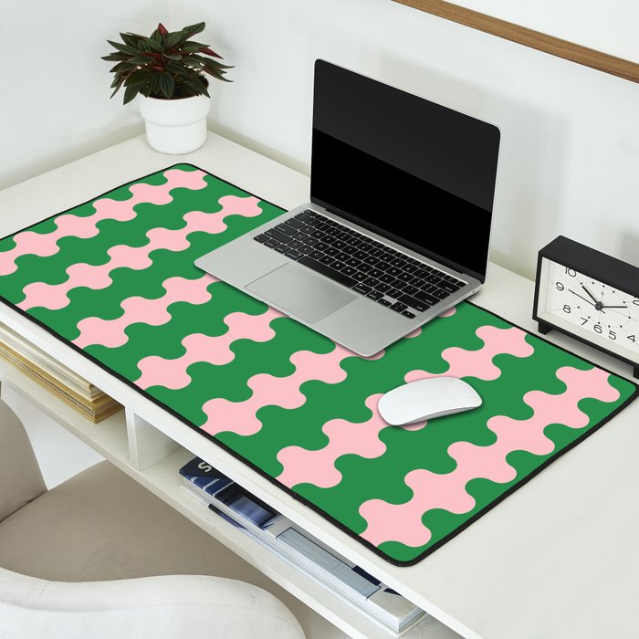 Bold Fun Ogee A-Go-Go Vertical Stripes Pop Pattern in Green and Pink Desk Mat Gallery Image 2