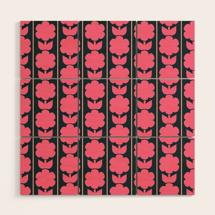 Retro Floral Jonnty Flowers and Stripes Pink and Blue Pattern Wood Wall Art Gallery Image 1