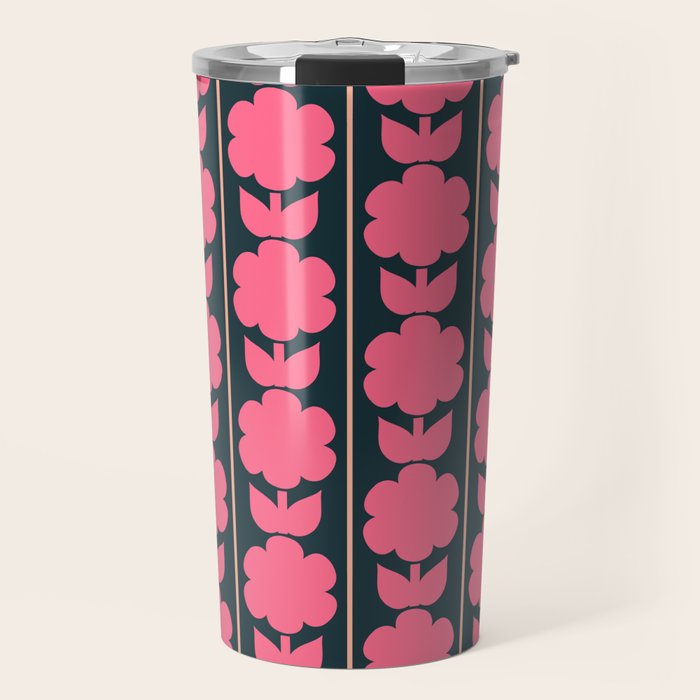 Retro Floral Jonnty Flowers and Stripes Pink and Blue Pattern Travel Mug Gallery Image 1