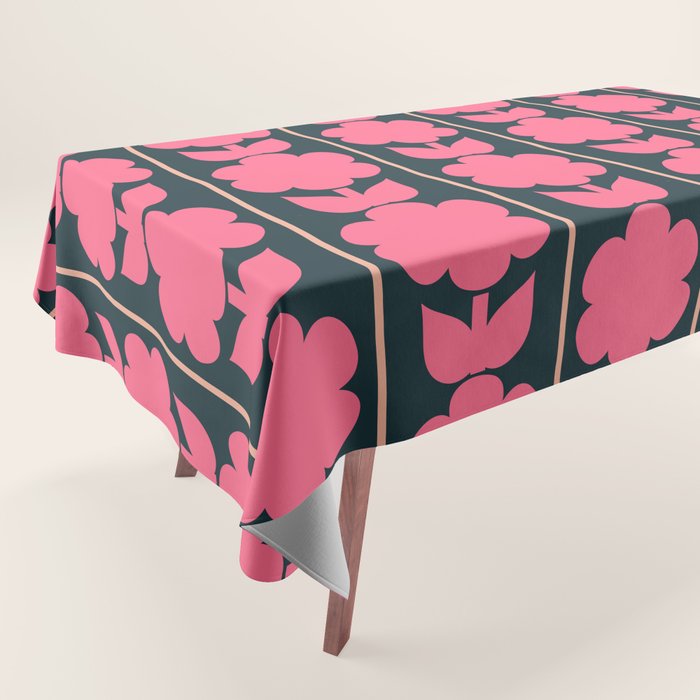 Retro Floral Jonnty Flowers and Stripes Pink and Blue Pattern Tablecloth Gallery Image 1