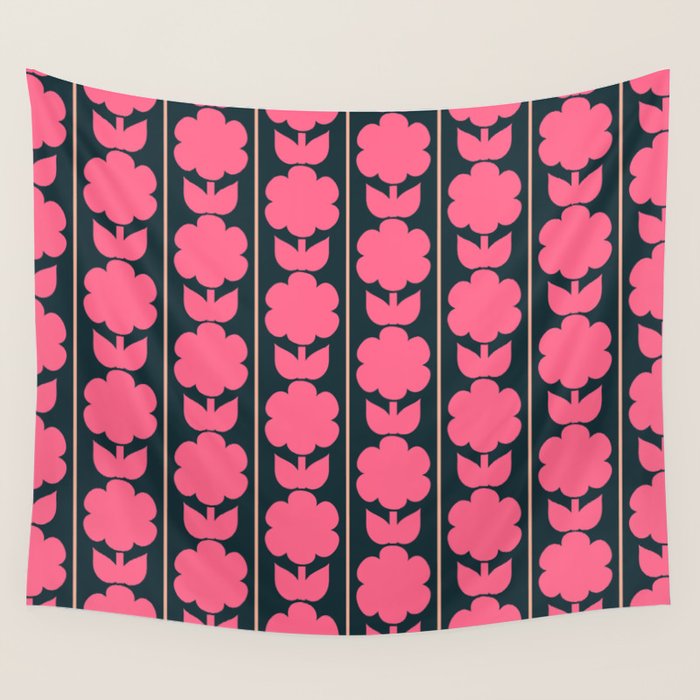 Retro Floral Jonnty Flowers and Stripes Pink and Blue Pattern Wall Tapestry Gallery Image 4