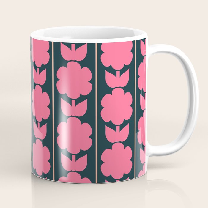 Retro Floral Jonnty Flowers and Stripes Pink and Blue Pattern Coffee Mug Gallery Image 1