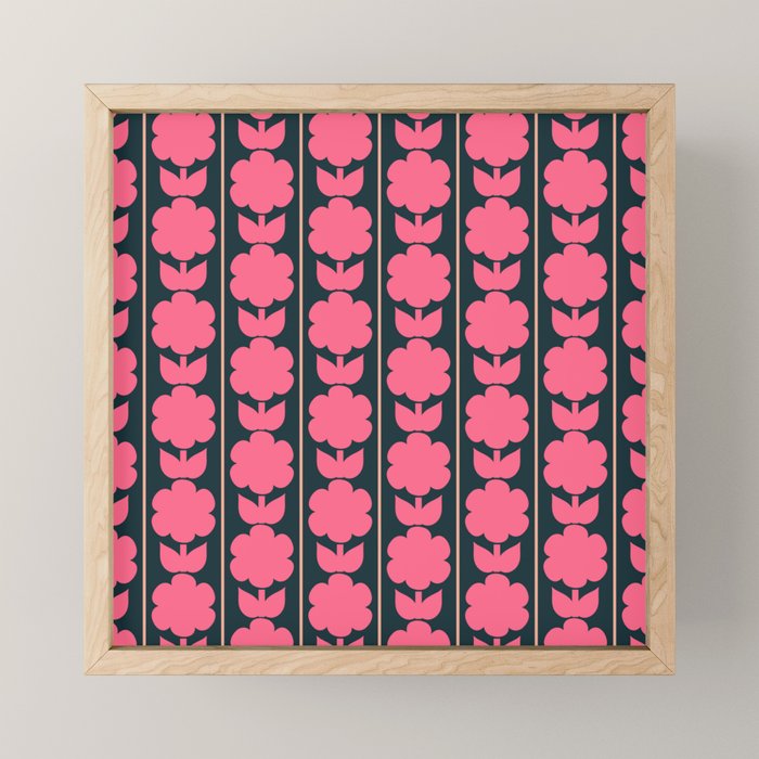 Retro Floral Jonnty Flowers and Stripes Pink and Blue Pattern Mini Art Print Gallery Image 1