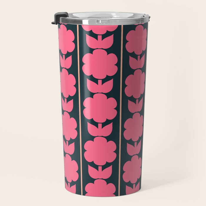 Retro Floral Jonnty Flowers and Stripes Pink and Blue Pattern Travel Mug Gallery Image 3