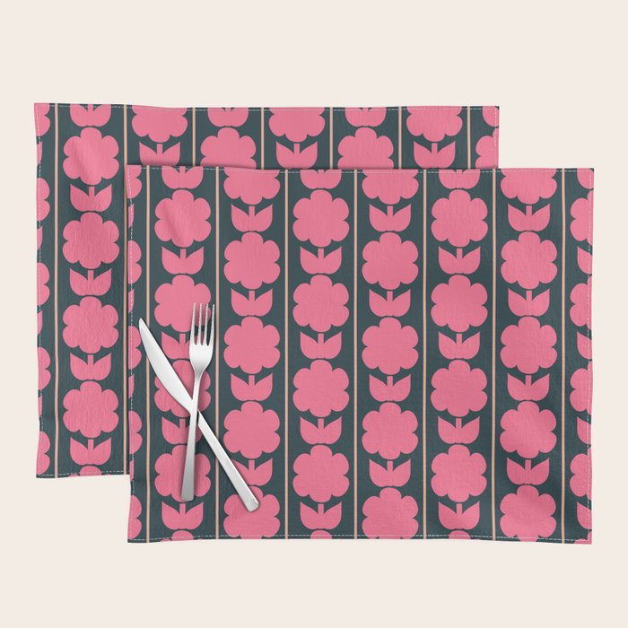 Retro Floral Jonnty Flowers and Stripes Pink and Blue Pattern Placemat Gallery Image 1