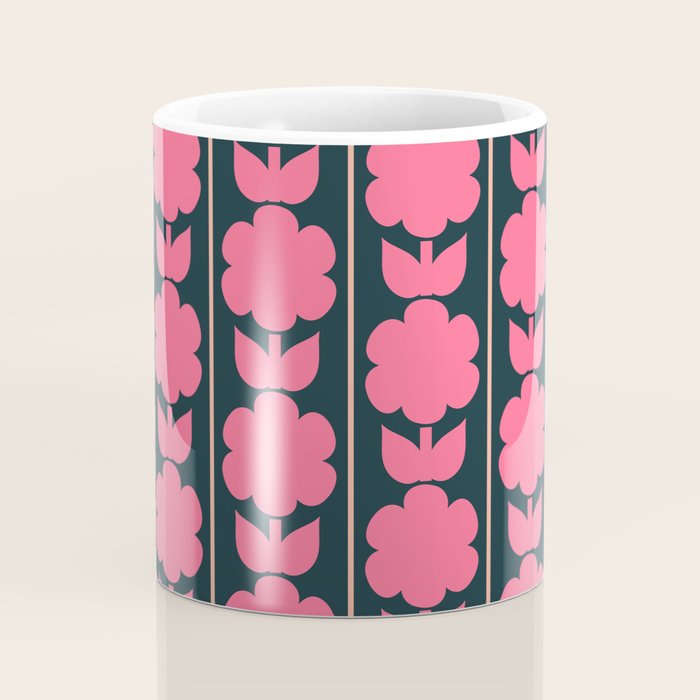 Retro Floral Jonnty Flowers and Stripes Pink and Blue Pattern Coffee Mug Gallery Image 4