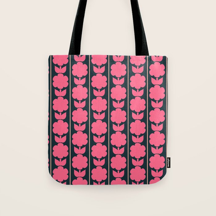 Retro Floral Jonnty Flowers and Stripes Pink and Blue Pattern Tote Bag Gallery Image 1