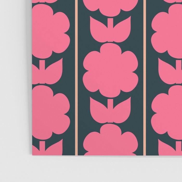 Retro Floral Jonnty Flowers and Stripes Pink and Blue Pattern Poster Gallery Image 3