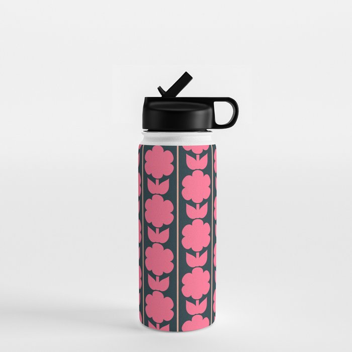 Retro Floral Jonnty Flowers and Stripes Pink and Blue Pattern Water Bottle Gallery Image 1
