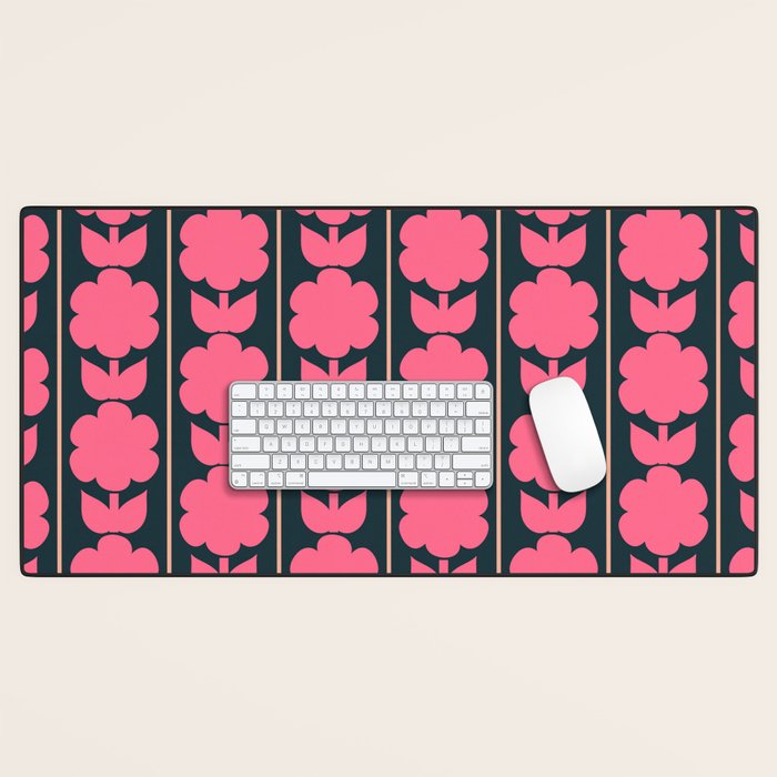 Retro Floral Jonnty Flowers and Stripes Pink and Blue Pattern Desk Mat Gallery Image 1