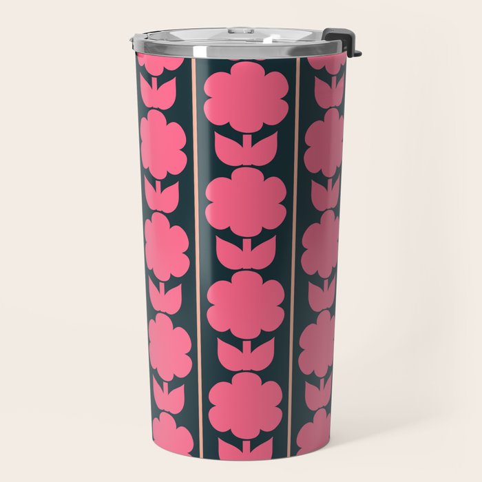 Retro Floral Jonnty Flowers and Stripes Pink and Blue Pattern Travel Mug Gallery Image 2