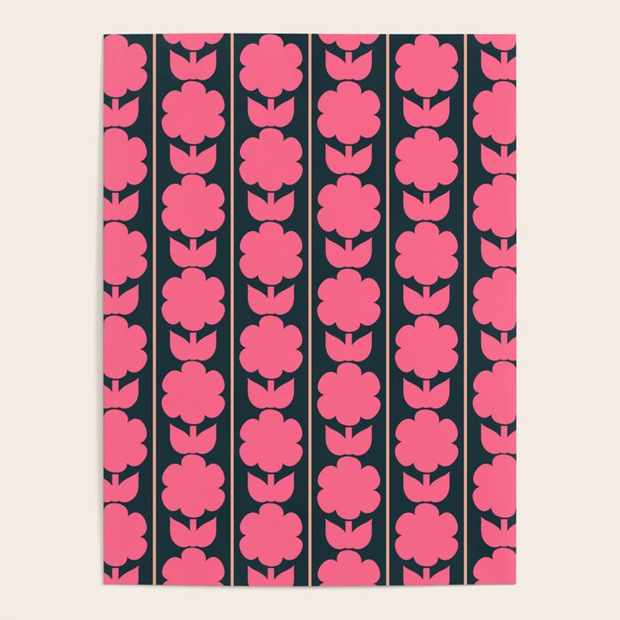 Retro Floral Jonnty Flowers and Stripes Pink and Blue Pattern Poster Gallery Image 1