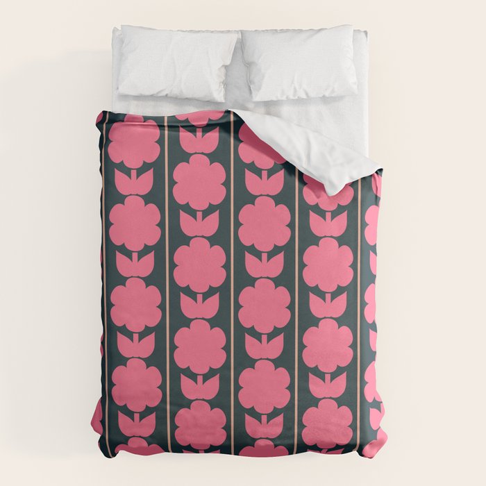 Retro Floral Jonnty Flowers and Stripes Pink and Blue Pattern Duvet Cover Gallery Image 1