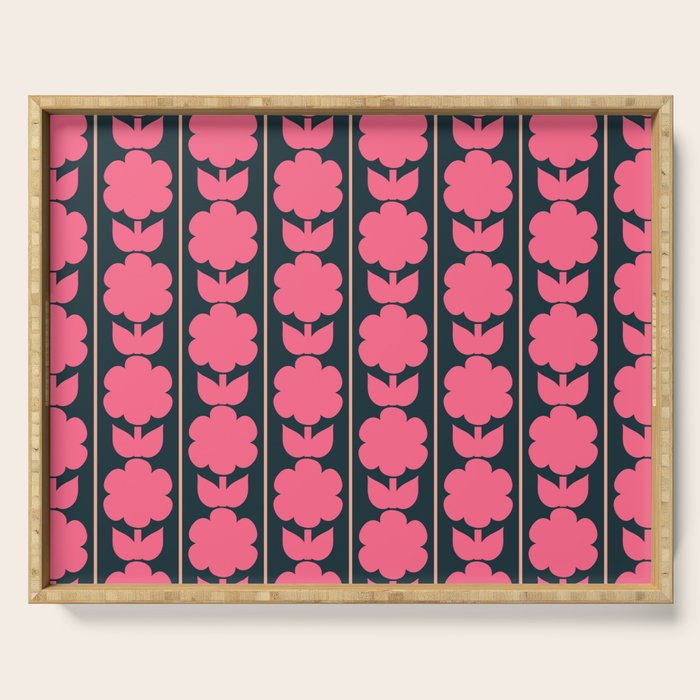 Retro Floral Jonnty Flowers and Stripes Pink and Blue Pattern Serving Tray Gallery Image 1