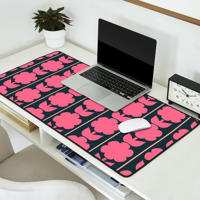 Retro Floral Jonnty Flowers and Stripes Pink and Blue Pattern Desk Mat Gallery Image 2