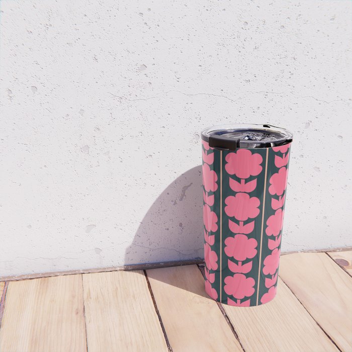 Retro Floral Jonnty Flowers and Stripes Pink and Blue Pattern Travel Mug Gallery Image 4