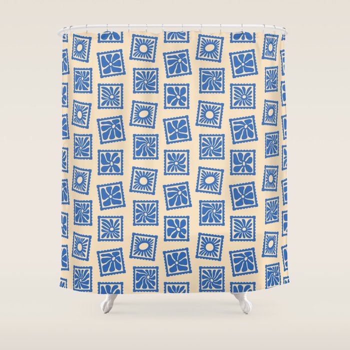 Vintage blue flower postage stamp pattern Shower Curtain Gallery Image 1