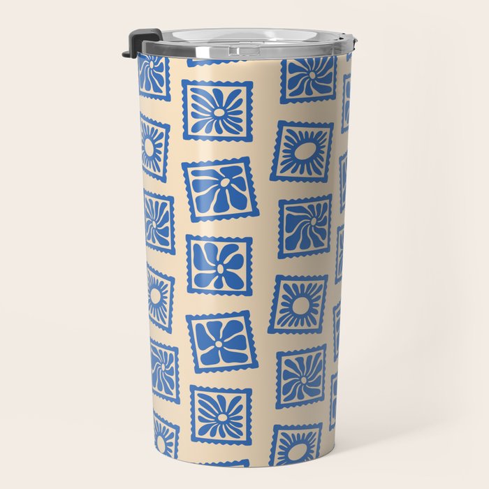 Vintage blue flower postage stamp pattern Travel Mug Gallery Image 3