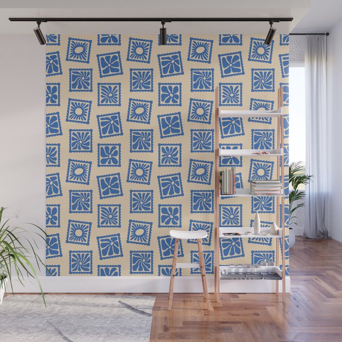 Vintage blue flower postage stamp pattern Wall Mural Gallery Image 1