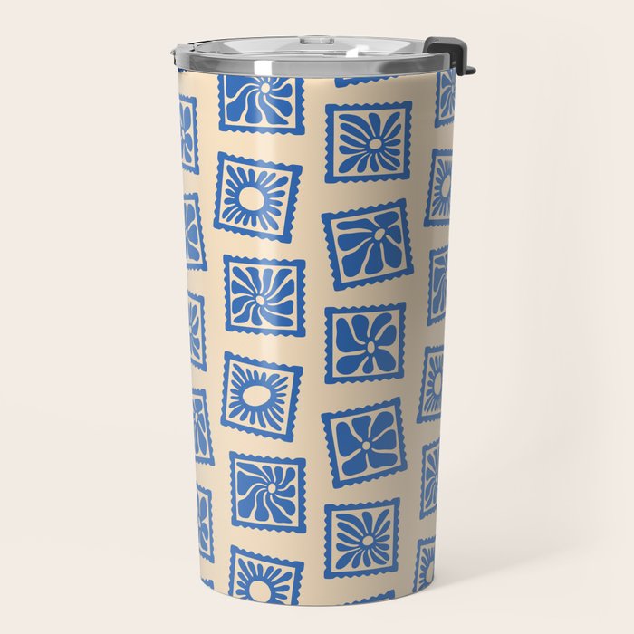 Vintage blue flower postage stamp pattern Travel Mug Gallery Image 2