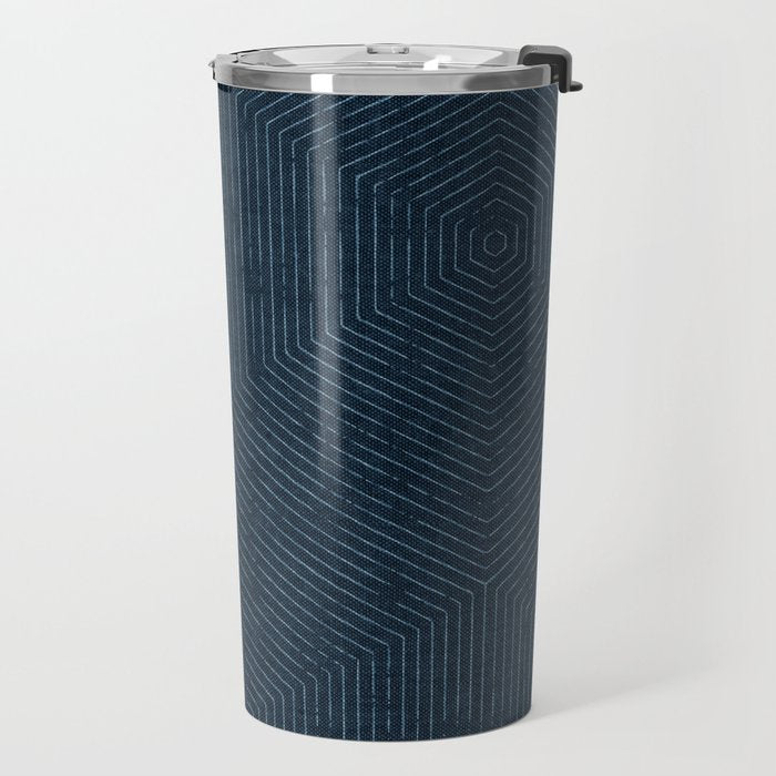 boho hexagon stripes - navy Travel Mug Gallery Image 2