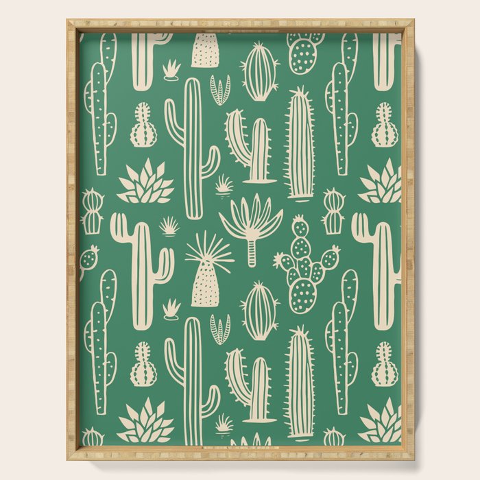 Retro hand drawn cactus plant pattern Serving Tray Gallery Image 1