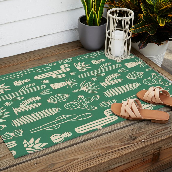 Retro hand drawn cactus plant pattern Outdoor Rug Gallery Image 2