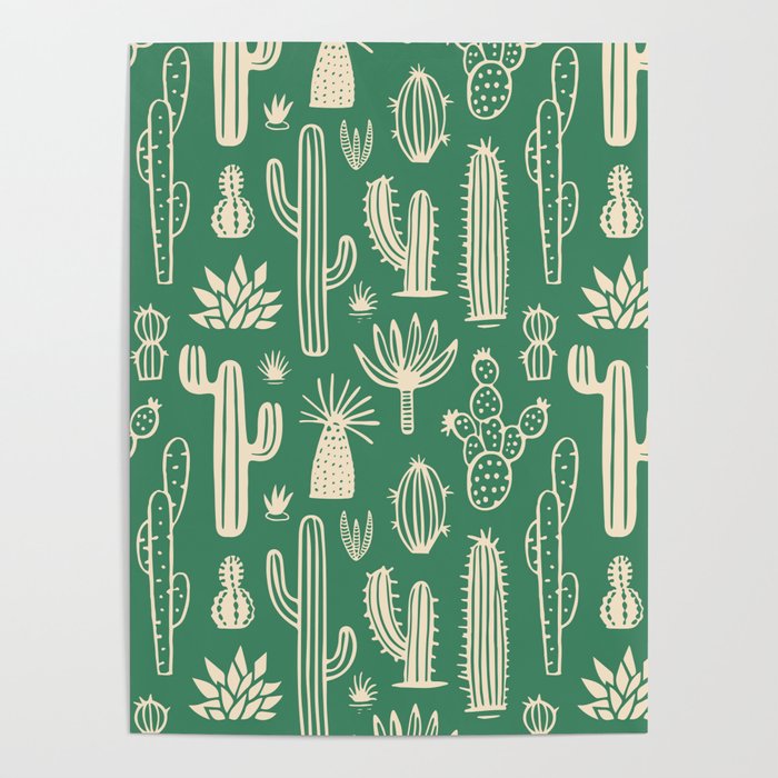 Retro hand drawn cactus plant pattern Poster Gallery Image 1