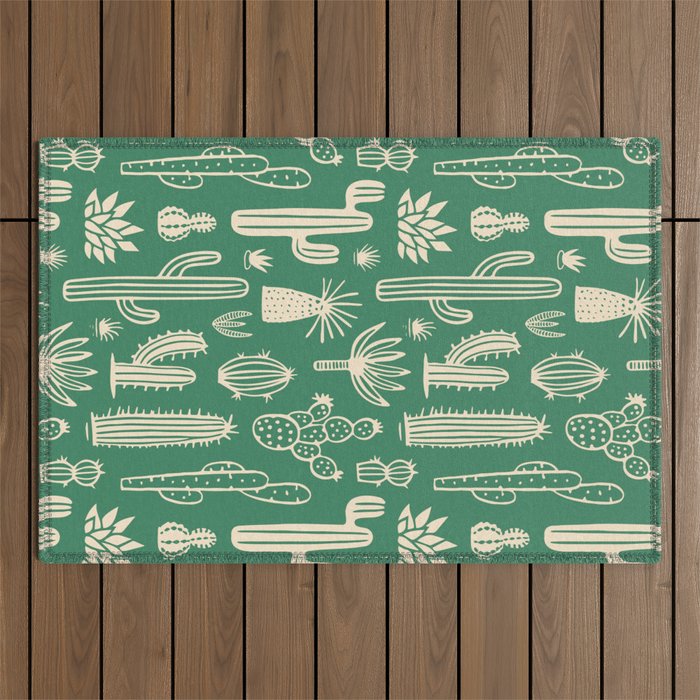 Retro hand drawn cactus plant pattern Outdoor Rug Gallery Image 1