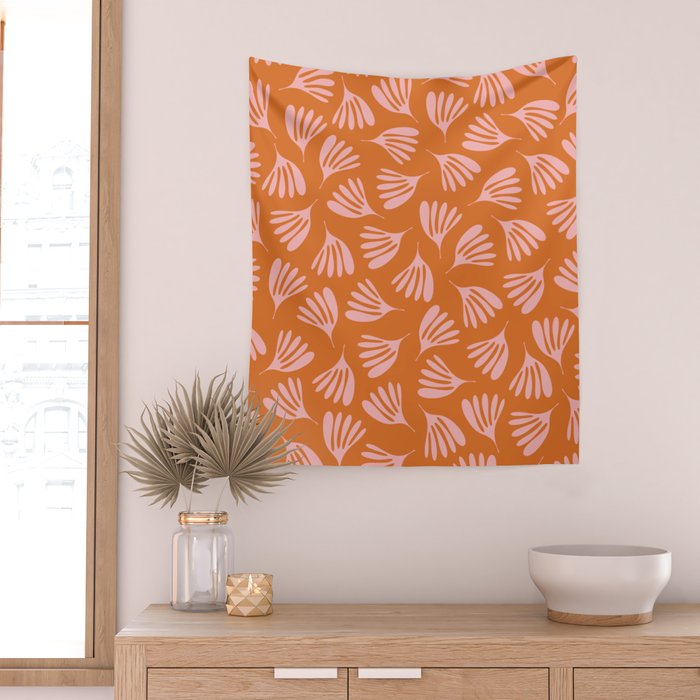 Pink and Orange Wispy Leaves Contemporary Abstract Pattern Wall Tapestry Gallery Image 2