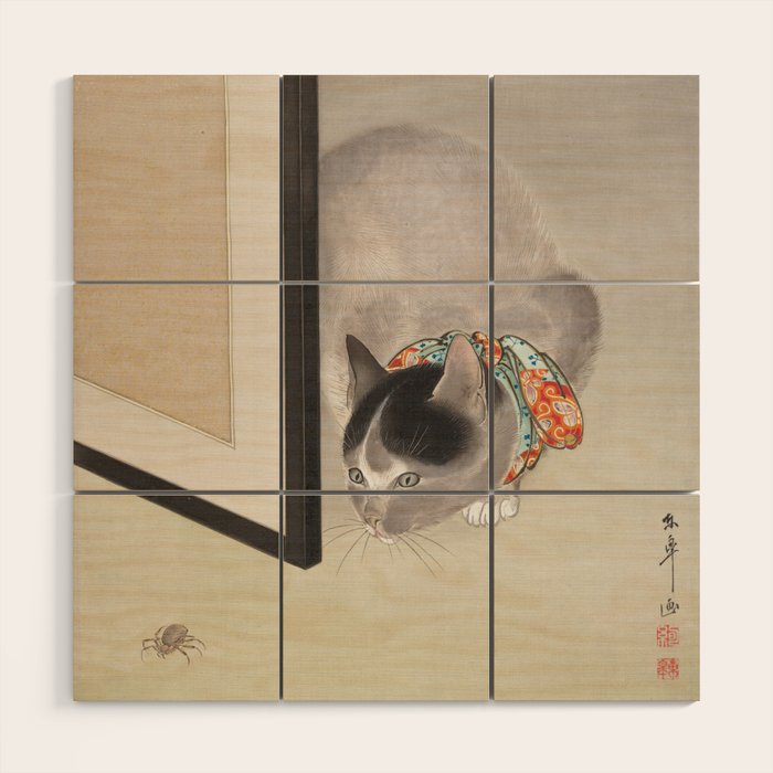 Cat Watching a Spider Japanese Painting Wood Wall Art Gallery Image 1