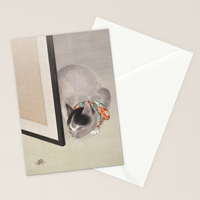 Cat Watching a Spider Japanese Painting Stationery Card Gallery Image 2
